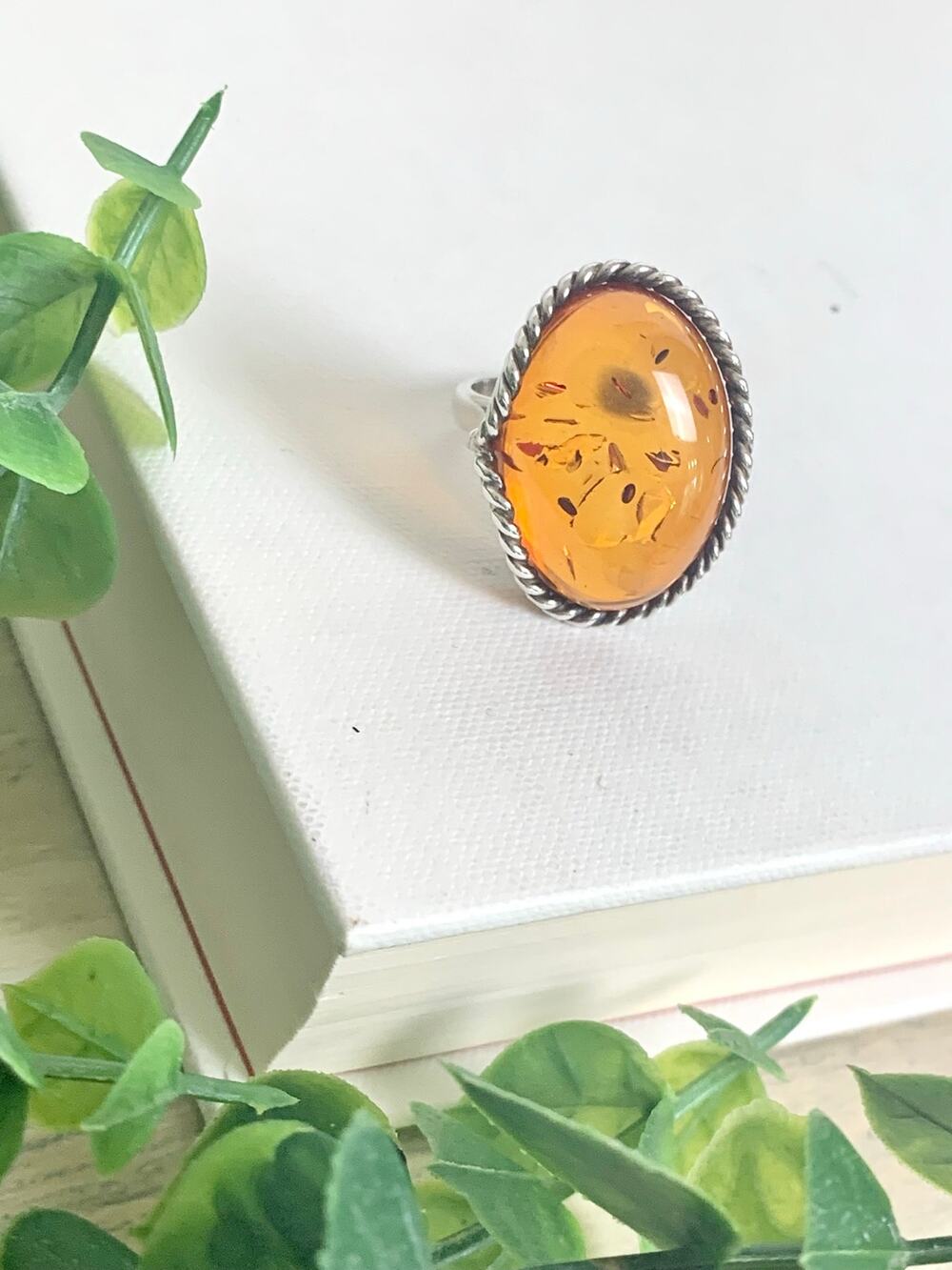 Vintage Sterling Silver Amber Ring Adjustable Oval Statement Jewelry Boho